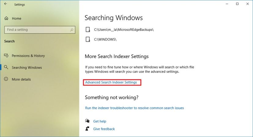 Searching Windows search indexing option