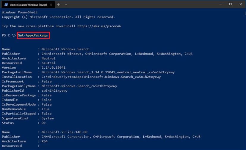 PowerShell Get-AppxPackage command