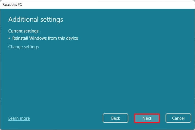 Reset This PC optional settings