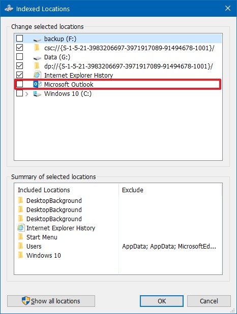 Windows Search stop indexing emails (PST)