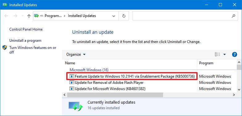 Windows 10 21H1 (KB500736) uninstall